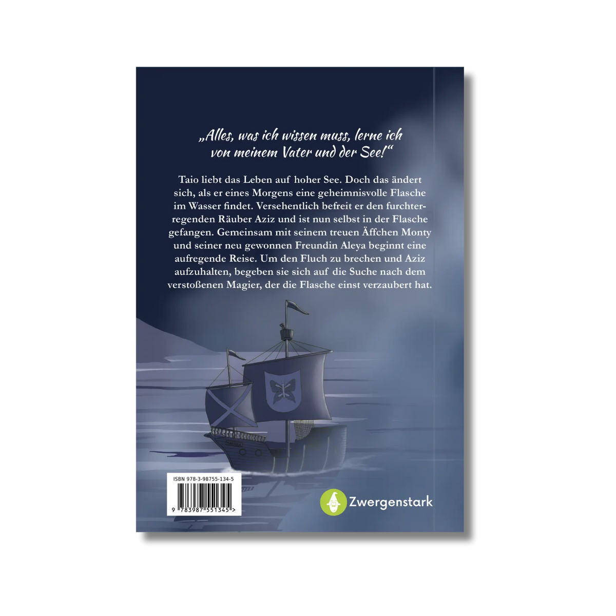 Backcover vom Kinderbuch "Der Fluch aus der Flasche", ein Kinderroman ab 8 Jahren von Mandy Schlesinger über Seefahrer, Zauberer und einen Fluch