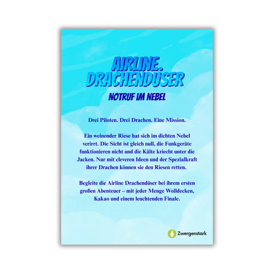 Backcover vom Kinderbuch "Airline Drachendüser – Notruf im Nebel", ein E-Book für Kinder ab 5 Jahren zum Vorlesen mit einer Gute-Nacht-Geschichte über Drachen, Piloten und Abenteuer