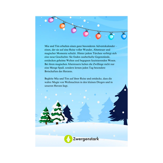 Backcover vom Kinderbuch "Der magische Adventskalender", ein E-Book für Kinder ab 5 Jahren über Winter, Weihnachten und Abenteuer mit 24 Weihnachtsgeschichten zum Vorlesen