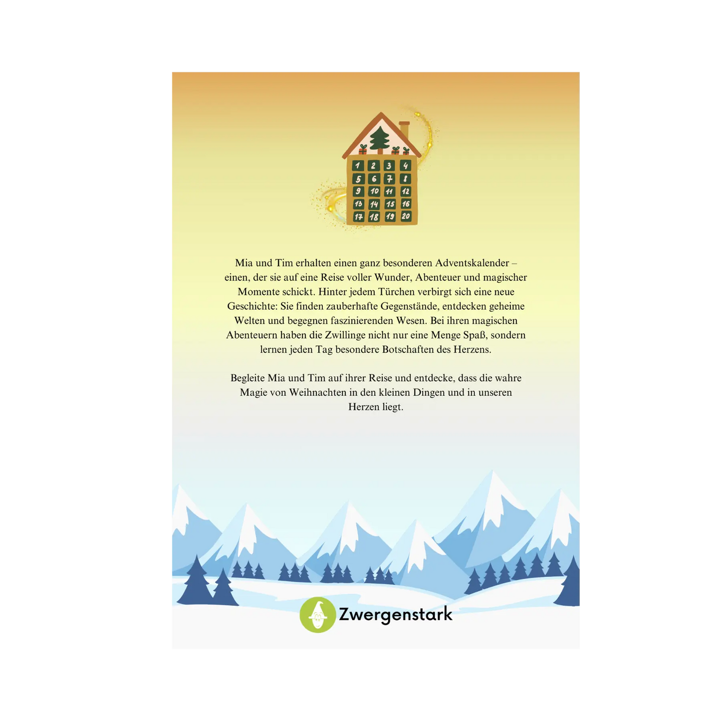 Backcover vom Kinderbuch "Der magische Adventskalender", ein E-Book für Kinder ab 5 Jahren über Winter, Weihnachten und Abenteuer