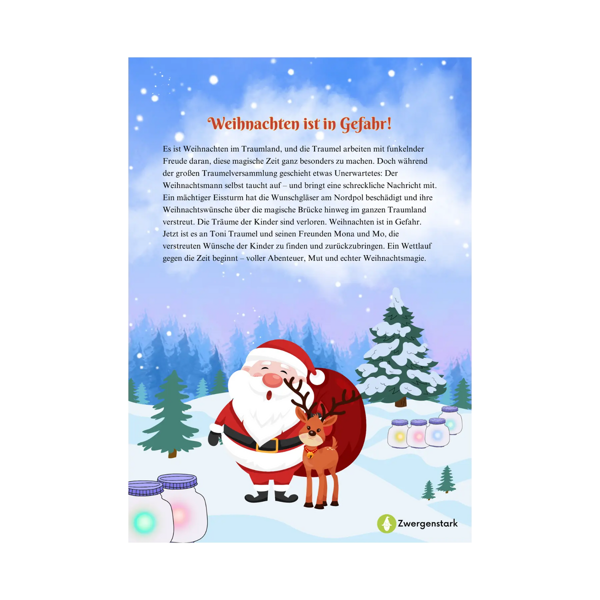 Backcover vom Kinderbuch "Weihnachten im Traumland – Die verlorenen Wünsche", ein E-Book für Kinder ab 5 Jahren zum Vorlesen mit einer Gute-Nacht-Geschichte für Weihnachten zum Entspannen, Träumen und Einschlafen