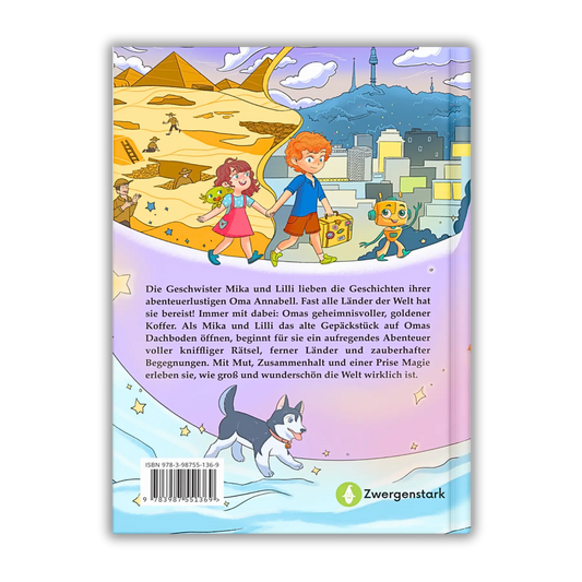 Backcover vom Kinderbuch "Der magische Reisekoffer", ein Vorlesebuch ab 6 Jahren von Mella Lisitano über Reisen, Entdeckungen, Zusammenhalt und Mut