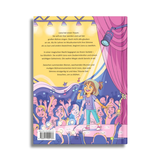 Backcover vom Kinderbuch "Liora und das Zaubermikrofon", ein Bilderbuch für Kinder ab 5 Jahren von Isa Glücklich über Musik, Träume, Mut & Selbstvertrauen. Inklusive 5 Songs per QR-Code im Buch.