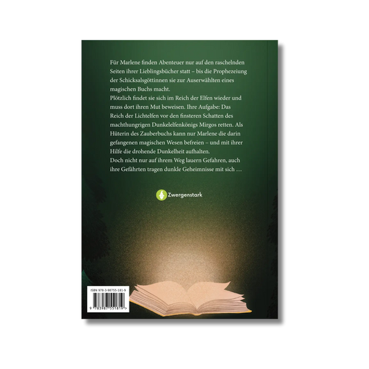 Backcover vom Kinderbuch "Marlene – Die Auserwählte des Zauberbuchs", ein Kinderroman ab 11 Jahren über ein Fantasy-Abenteuer mit Elfen und magischen Wesen von Anne-Katrin Paulke und Zwergenstark