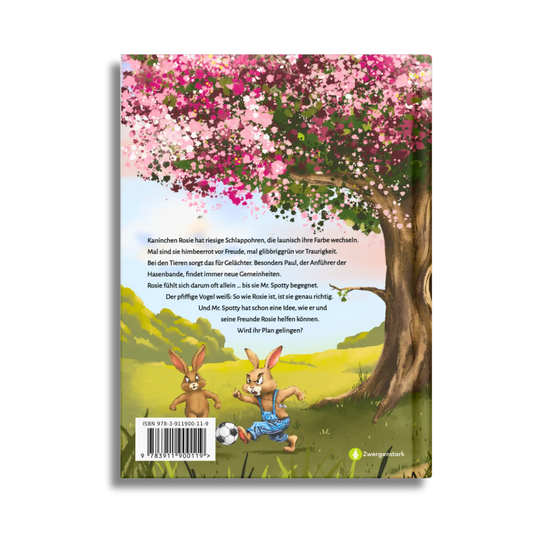 Backcover vom Kinderbuch "Rosie zeigt's allen", ein Vorlesebuch für Kinder ab 5 Jahren über die Freundschaft zwischen einem Kaninchen und einem Vogel