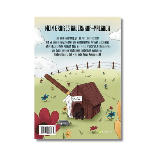 Frontcover vom Malbuch "Mein großes Bauernhof-Malbuch", ein Ausmalbuch für Kinder ab 3 Jahren über Tiere, Landschaft, Gemüse, Traktoren und typische Bauernhofszenen von Jacky Praefke, Katia Seidel-Halva und Zwergenstark