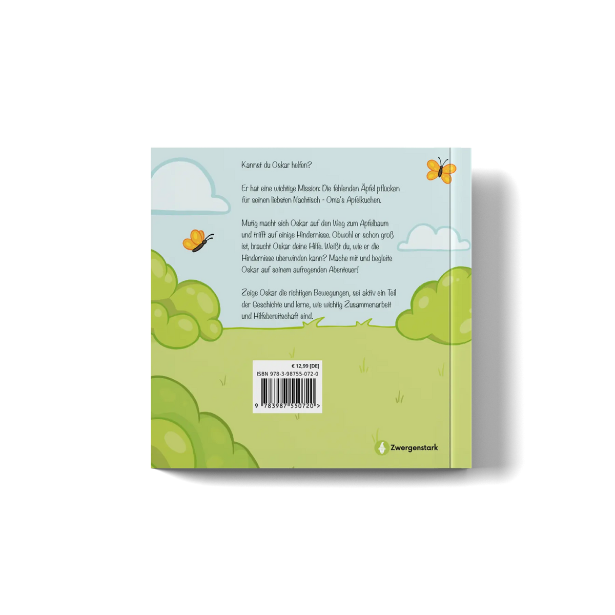 Backcover vom Mitmachbuch "Oskar und der Apfelbaum", ein Bilderbuch für Kinder ab 3 Jahren von Toni Grimm und Zwergenstark