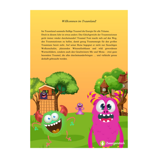 Backcover vom Kinderbuch "Die Traumfabrik – Im Land der Traumel", ein E-Book für Kinder ab 5 Jahren zum Vorlesen mit einer Gute-Nacht-Geschichte zum Entspannen, Träumen und Einschlafen