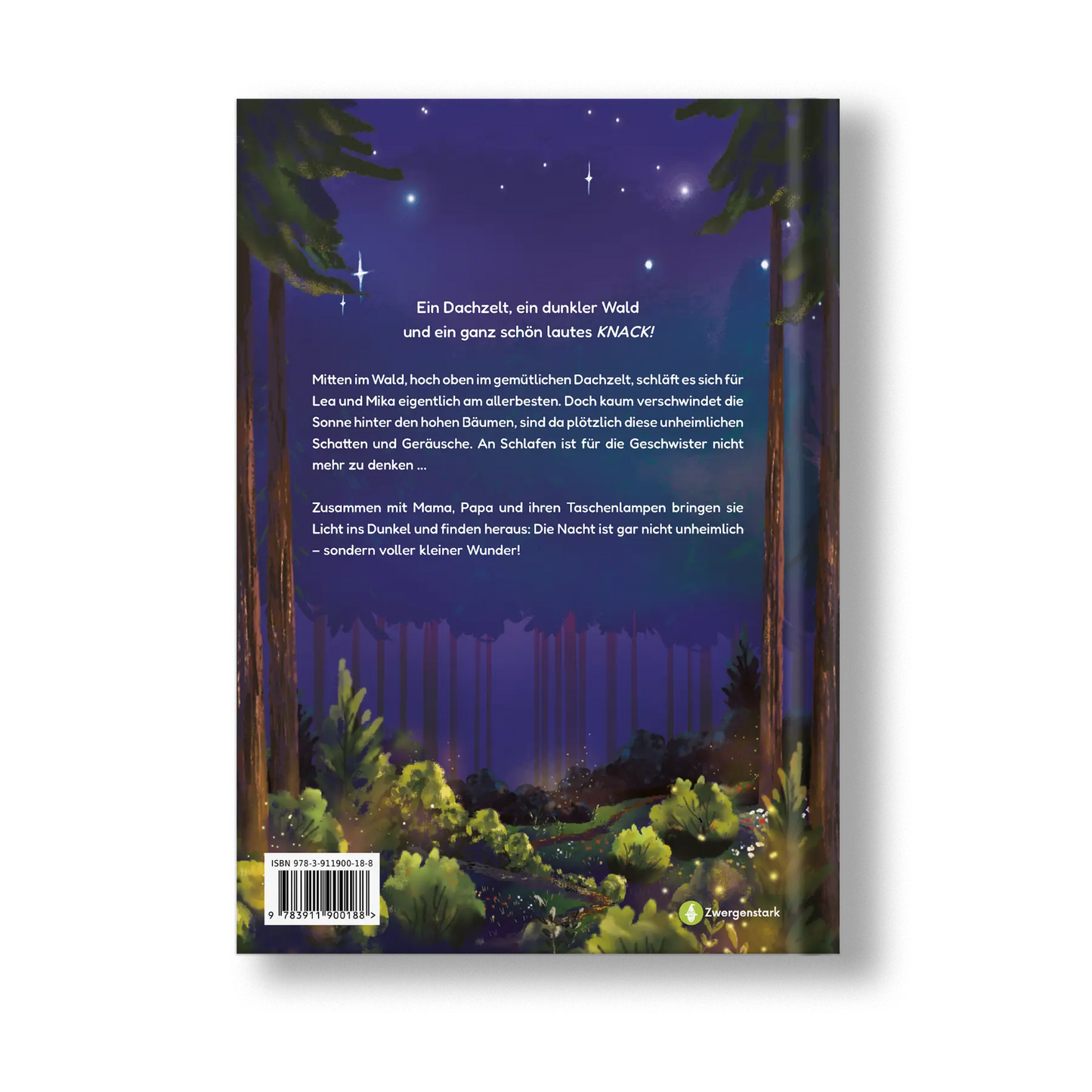 Illustriertes Backcover des Kinderbuchs "Unser kleines Himmelszelt – Wo die Glühwürmchen leuchten" – ein Mutmachbuch gegen Angst bei Dunkelheit ab 3 Jahren von Anastasija David (bekannt bei Instagram als @nastiinkaaa_) und Zwergenstark