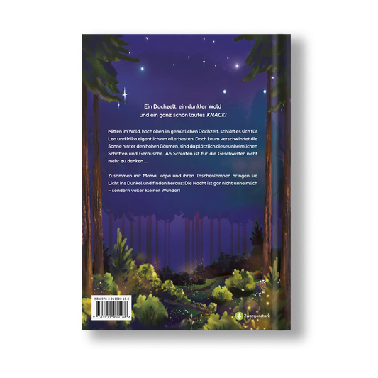 Illustriertes Backcover des Kinderbuchs "Unser kleines Himmelszelt – Wo die Glühwürmchen leuchten" – ein Mutmachbuch gegen Angst bei Dunkelheit ab 3 Jahren von Anastasija David (bekannt bei Instagram als @nastiinkaaa_) und Zwergenstark