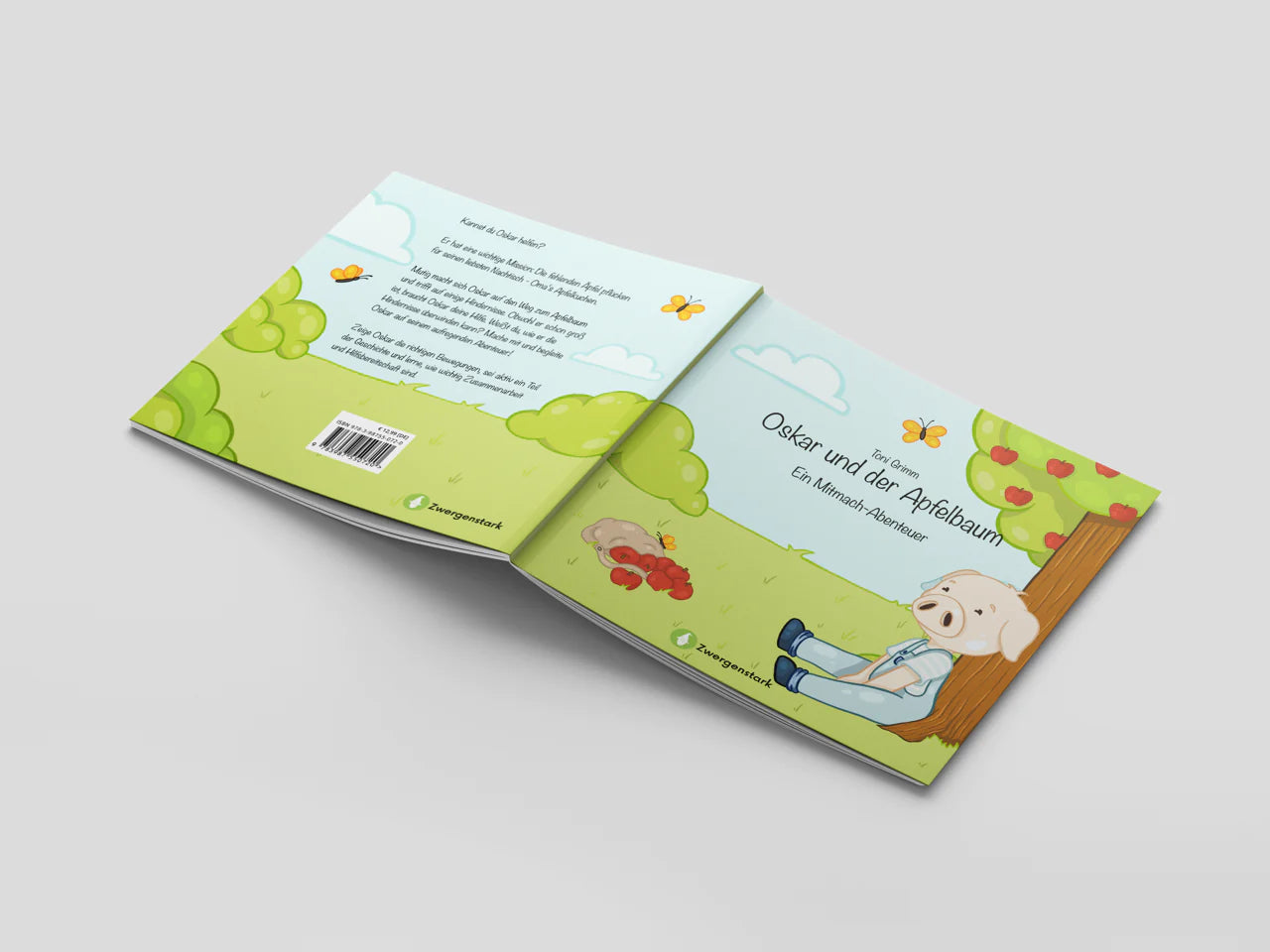 Buchumschlag Mockup vom Mitmachbuch "Oskar und der Apfelbaum", ein Bilderbuch für Kinder ab 3 Jahren von Toni Grimm und Zwergenstark