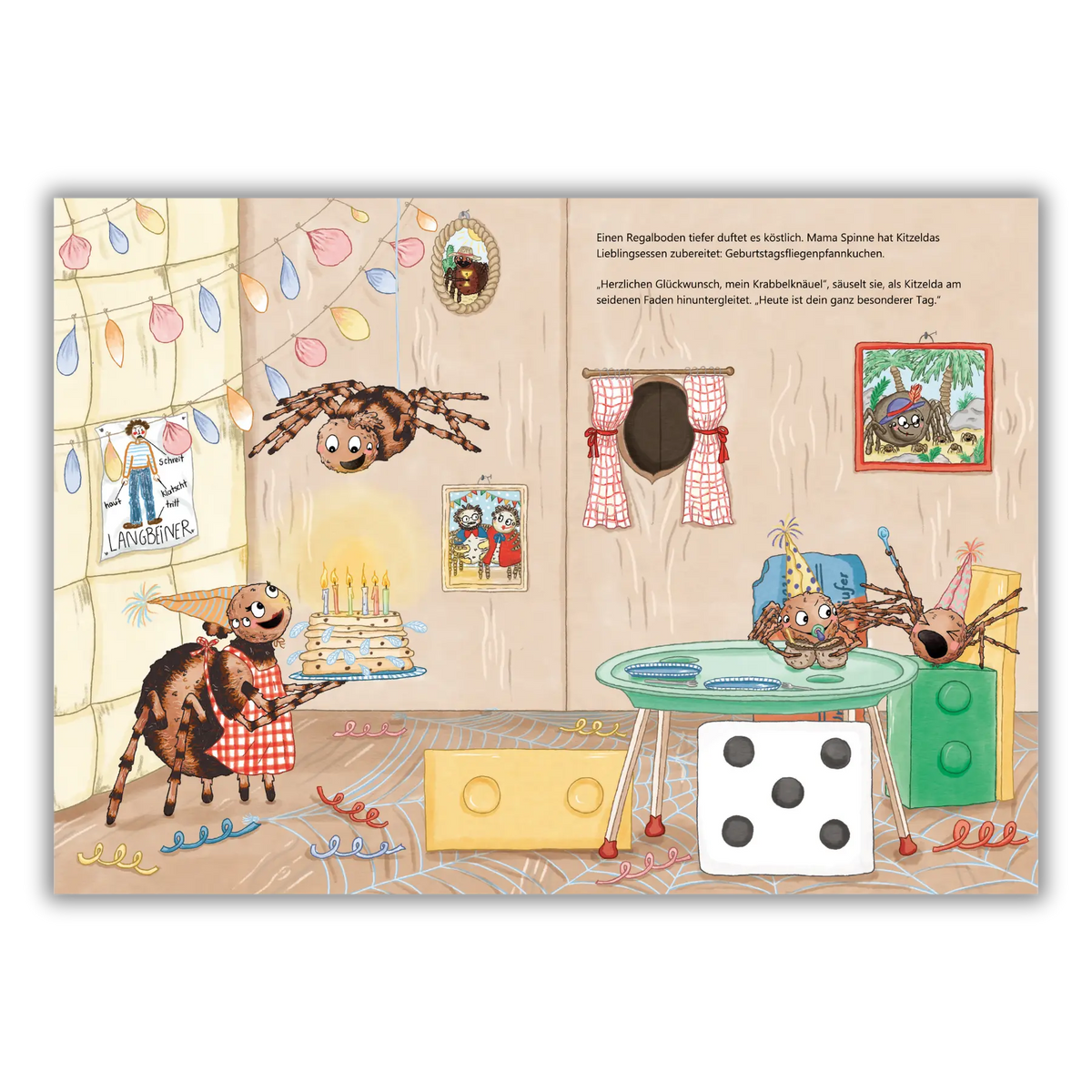 Doppelseite 1 vom Kinderbuch "Iiih, ein Mensch!", ein Bilderbuch für Kinder ab 4 Jahren über die ungewöhnliche Freundschaft zwischen einer Spinne und einem Menschen von Maria Leon, Alice Feil-Roots und Zwergenstark