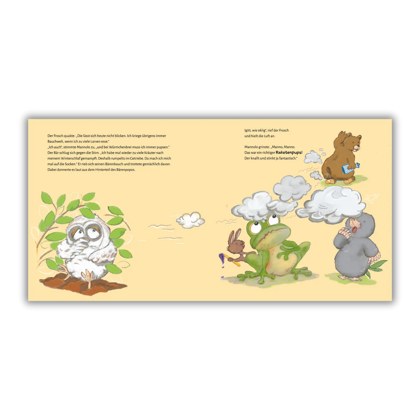 Doppelseite 11 vom Kinderbuch "Mannolo – Der kleine Schlauberger", ein Bilderbuch für Kinder ab 3 Jahren über die Neugierde und Kreativität eines kleinen Maulwurfs und seinen tierischen Freunden von Christel Gaiser und Zwergenstark