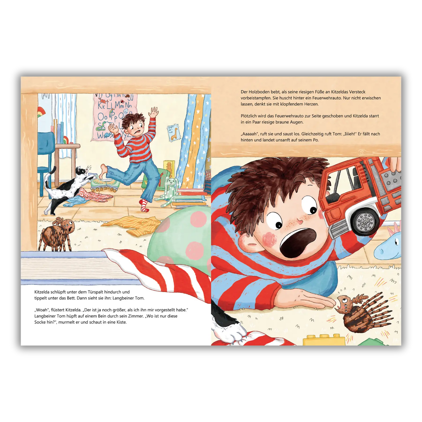 Doppelseite 3 vom Kinderbuch "Iiih, ein Mensch!", ein Bilderbuch für Kinder ab 4 Jahren über die ungewöhnliche Freundschaft zwischen einer Spinne und einem Menschen von Maria Leon, Alice Feil-Roots und Zwergenstark