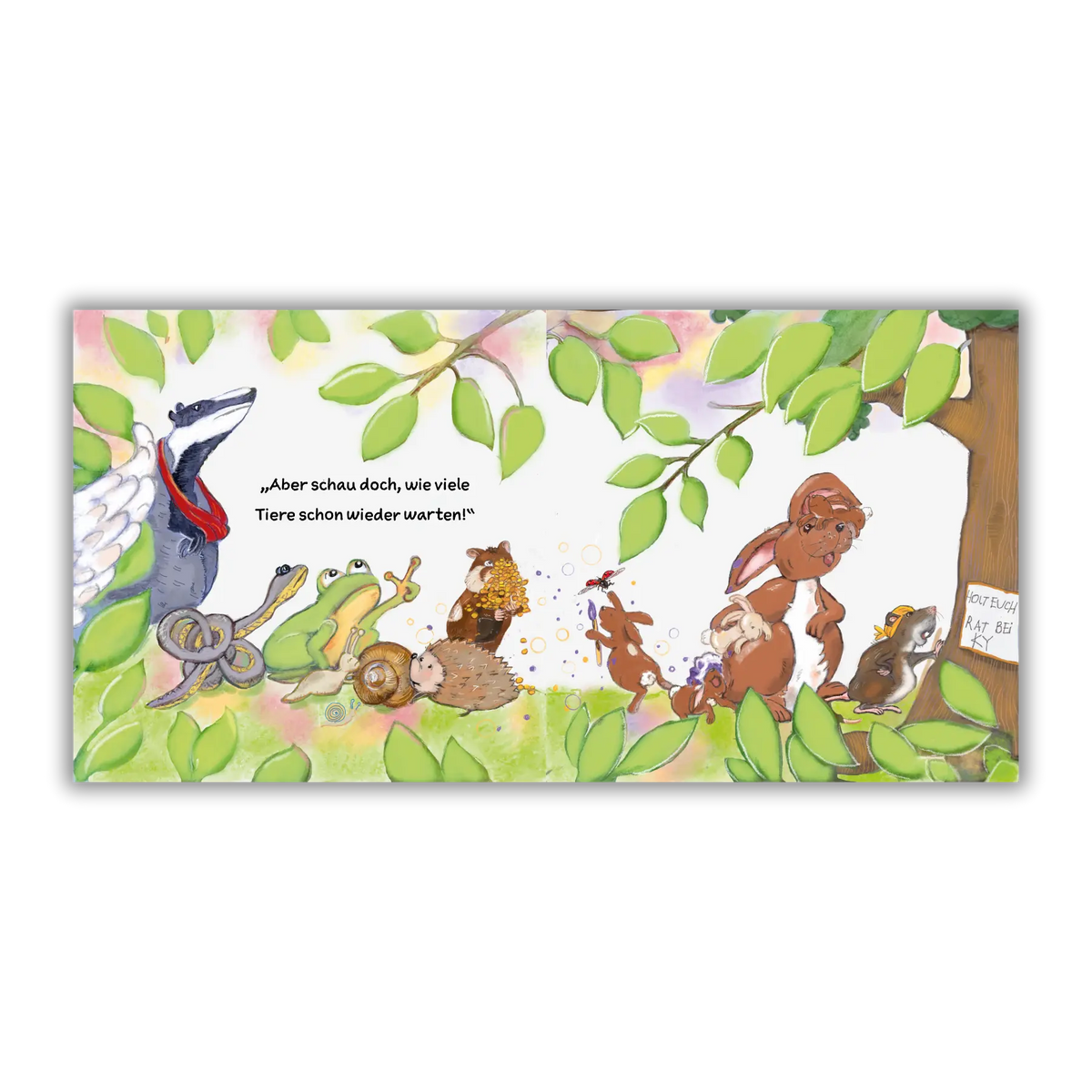 Doppelseite 4 vom Kinderbuch "Mannolo – Der kleine Schlauberger", ein Bilderbuch für Kinder ab 3 Jahren über die Neugierde und Kreativität eines kleinen Maulwurfs und seinen tierischen Freunden von Christel Gaiser und Zwergenstark