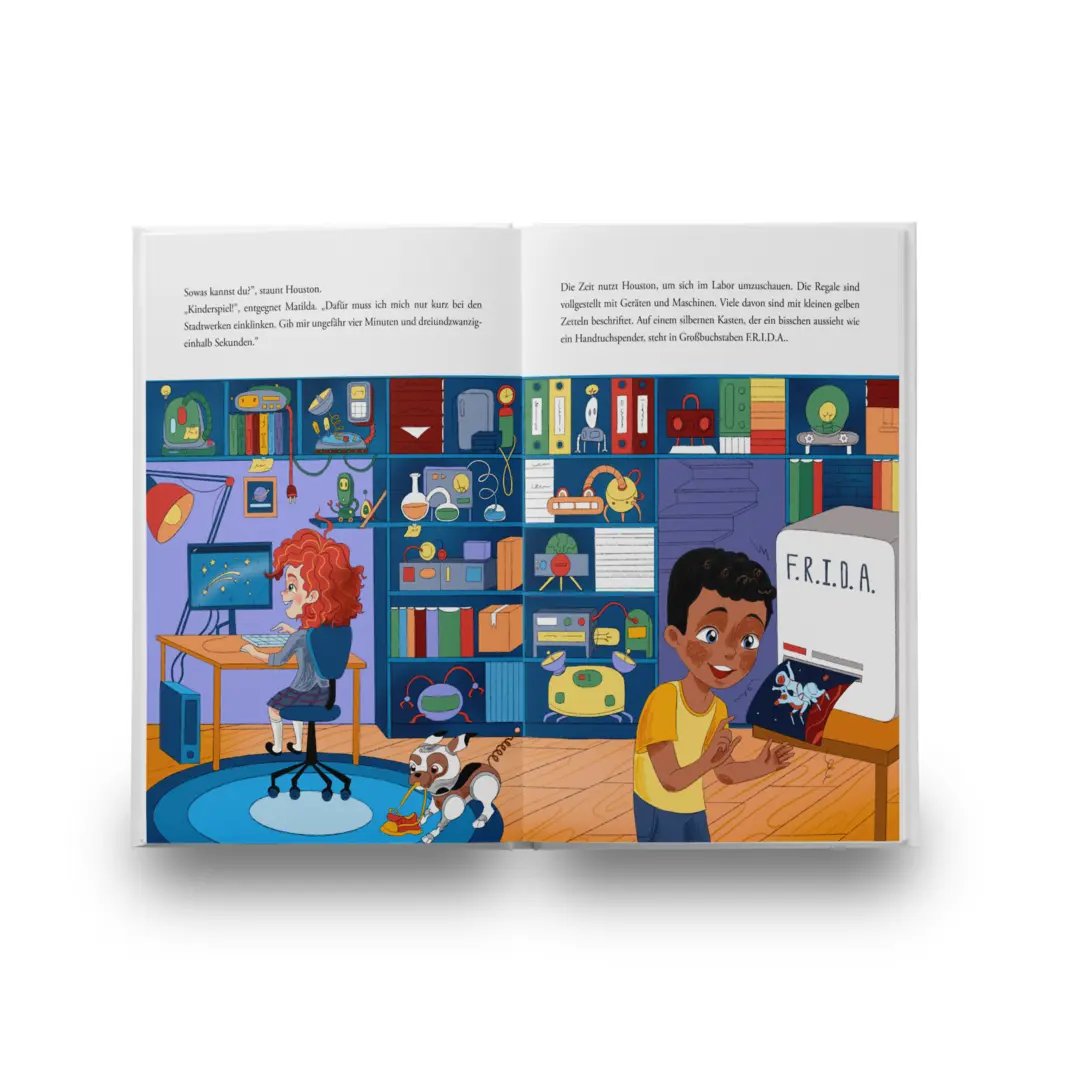 Inhaltsseiten 16-17 Mockup vom Kinderbuch "Matilda Macintosh - Genialer Plan bei Einbruchalarm", ein Vorlesebuch über Technik, KI und Roboter ab 5 Jahren von Axel Täubert und Zwergenstark