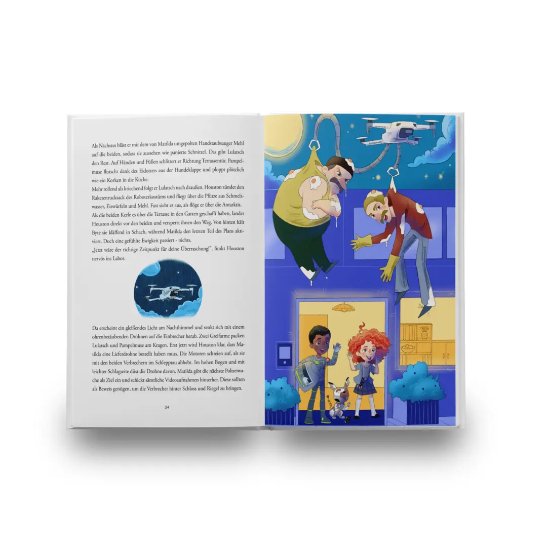 Inhaltsseiten 34-35 Mockup vom Kinderbuch "Matilda Macintosh - Genialer Plan bei Einbruchalarm", ein Vorlesebuch über Technik, KI und Roboter ab 5 Jahren von Axel Täubert und Zwergenstark
