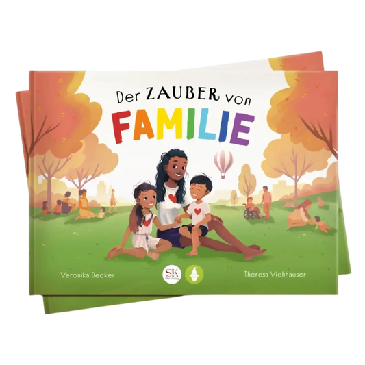 Frontcover Mockup vom Kinderbuch "Der Zauber von Familie", ein Vorlesebuch über Familienkonstellationen ab 5 Jahren von Veronika Decker und Zwergenstark
