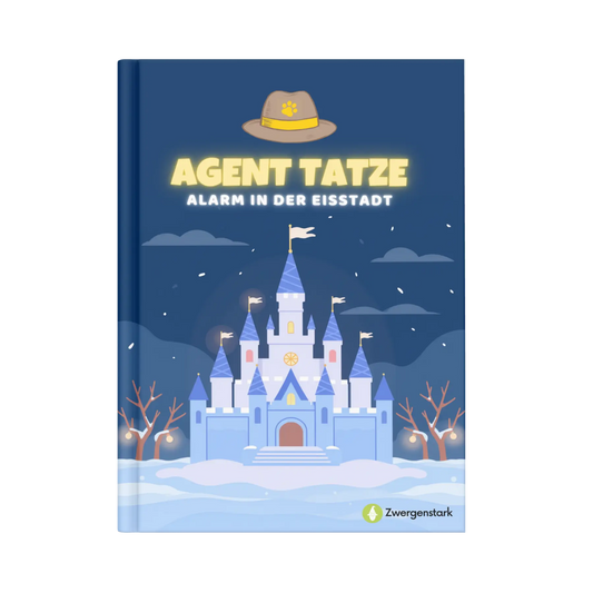 Frontcover vom Kinderbuch "Agent Tatze – Alarm in der Eisstadt", ein E-Book zum Vorlesen ab 5 Jahren über Hunde-Agenten, die einen spannenden Detektivfall in einer Winterwelt lösen