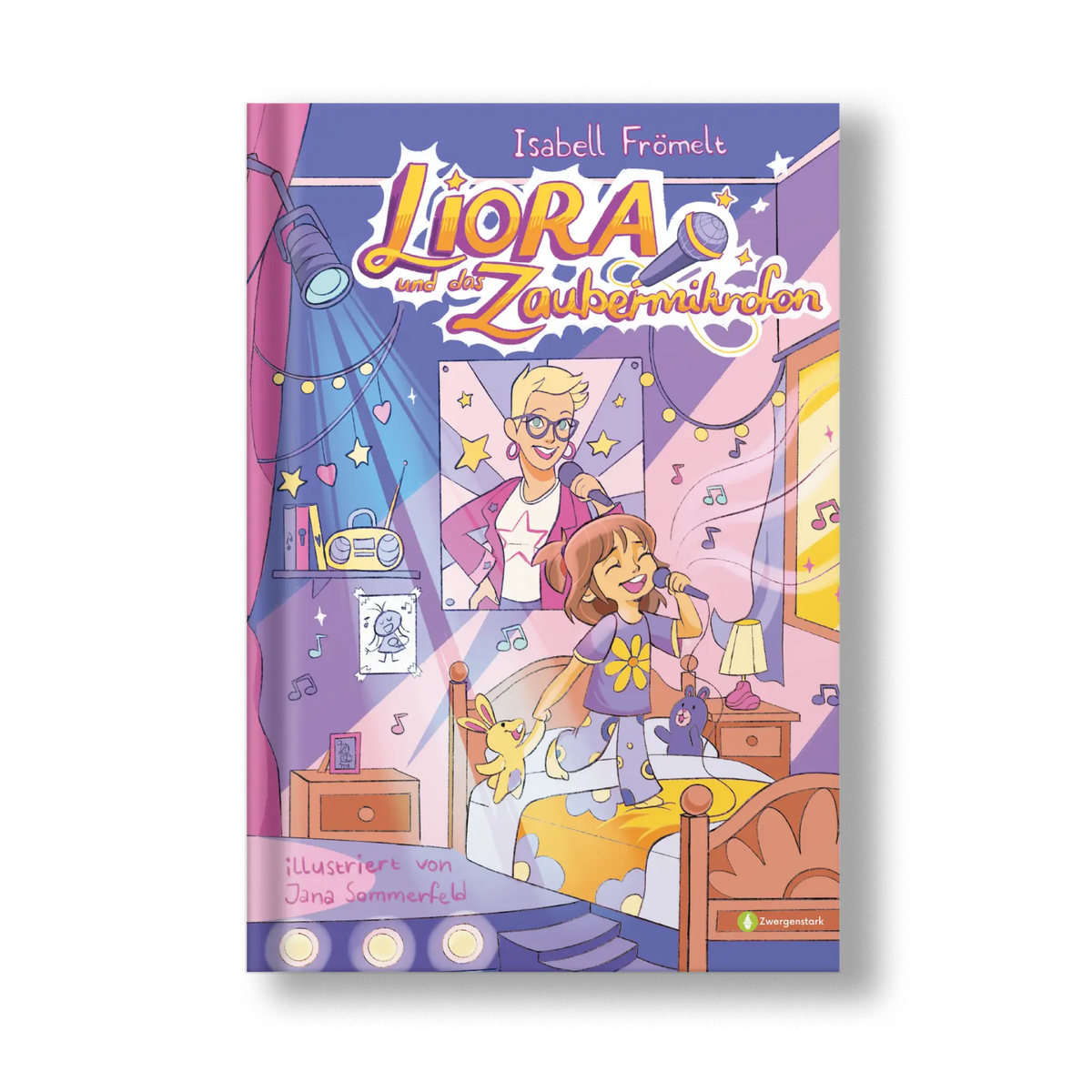 Frontcover vom Kinderbuch "Liora und das Zaubermikrofon", ein Bilderbuch für Kinder ab 5 Jahren von Isa Glücklich über Musik, Träume, Mut & Selbstvertrauen. Inklusive 5 Songs per QR-Code im Buch.