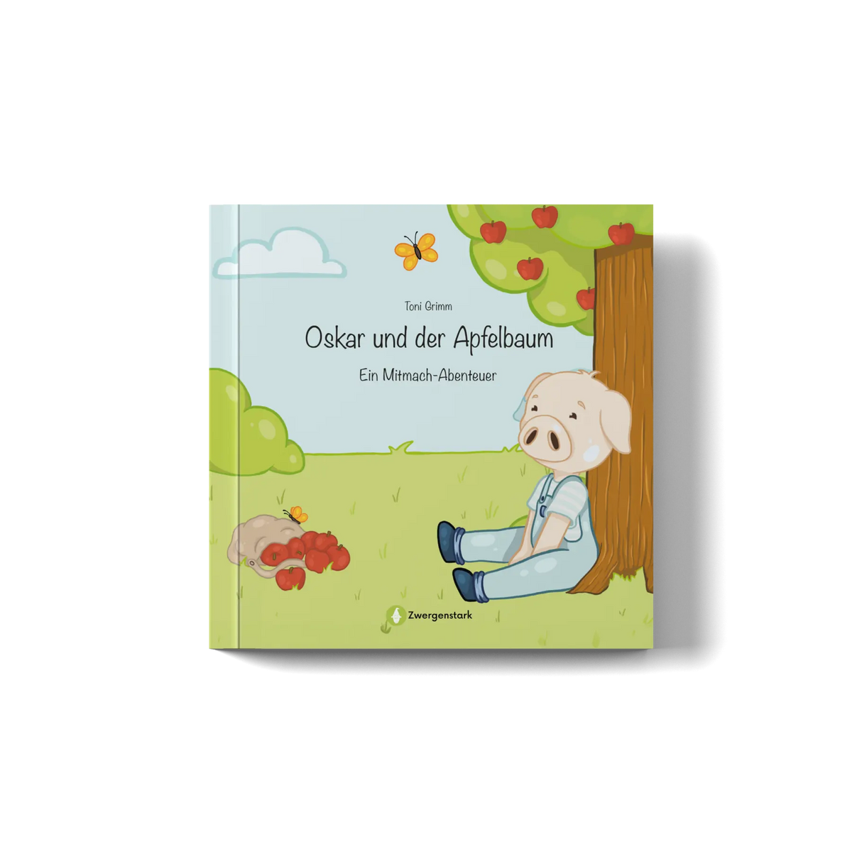 Frontcover Mockup vom Mitmachbuch "Oskar und der Apfelbaum", ein Bilderbuch für Kinder ab 3 Jahren von Toni Grimm und Zwergenstark