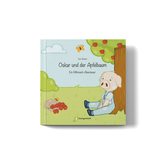 Frontcover Mockup vom Mitmachbuch "Oskar und der Apfelbaum", ein Bilderbuch für Kinder ab 3 Jahren von Toni Grimm und Zwergenstark