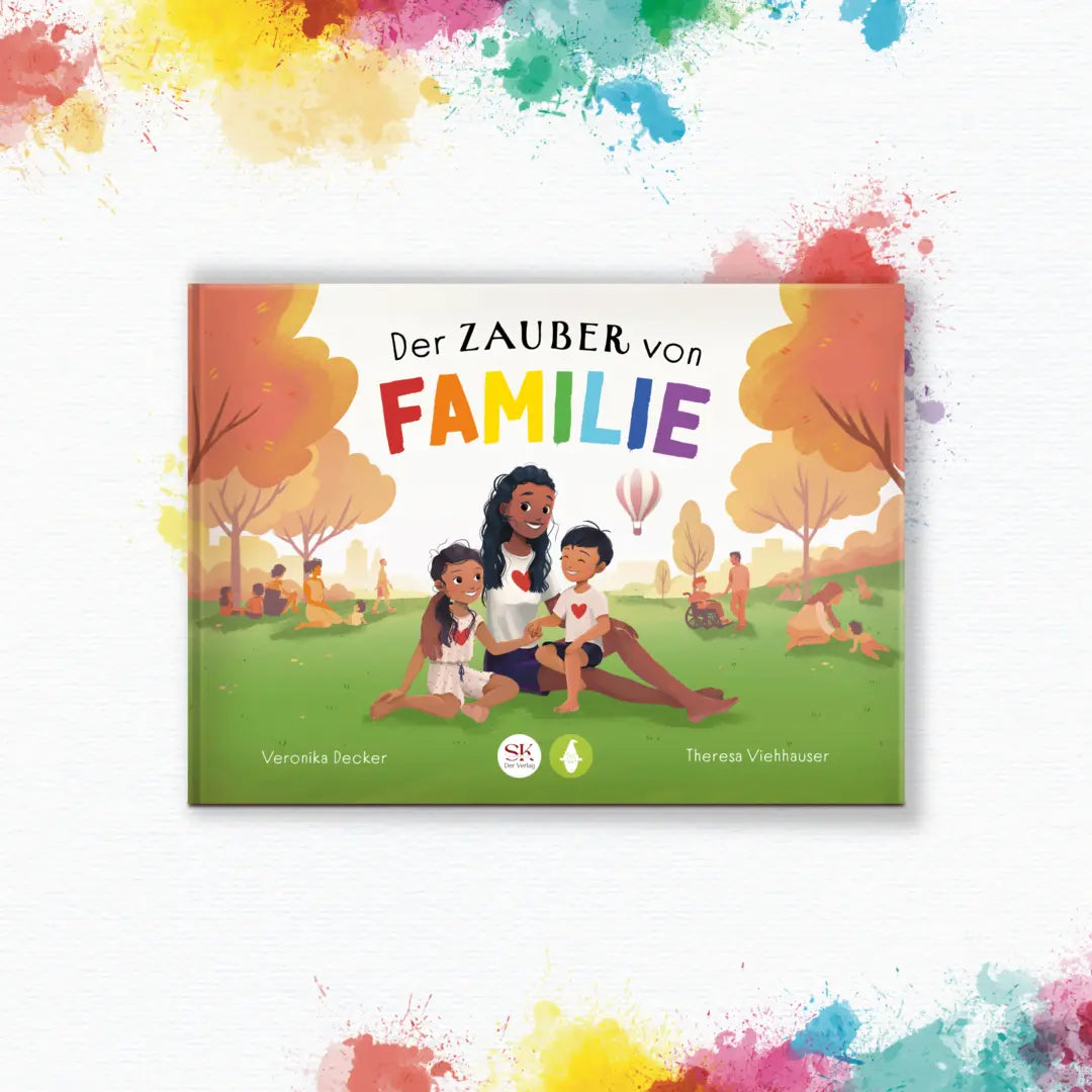 Frontcover mit buntem Hintergrund Mockup vom Kinderbuch "Der Zauber von Familie", ein Vorlesebuch über Familienkonstellationen ab 5 Jahren von Veronika Decker und Zwergenstark