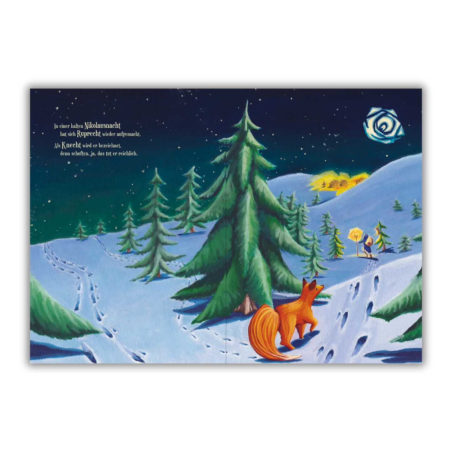 Doppelseite 1 vom Kinderbuch "Als Knecht Ruprecht erfuhr, dass Kinder keine Kohle mögen", ein Bilderbuch für Kinder ab 3 Jahren über Nikolaus, Weihnachten, Winter und Knecht Ruprecht. Ein Weihnachtsbuch mit einer Weihnachtsgeschichte in Reimform.