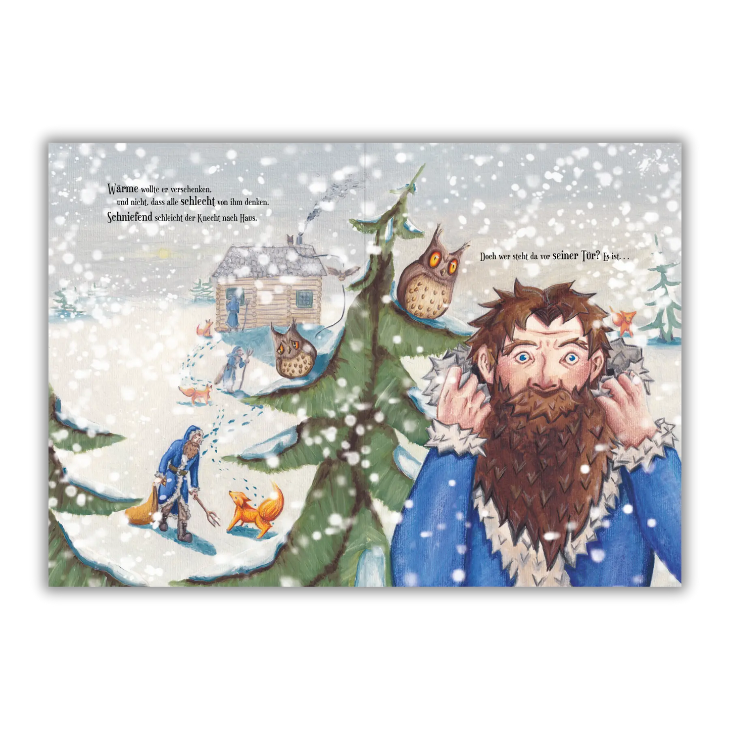 Doppelseite 10 vom Kinderbuch "Als Knecht Ruprecht erfuhr, dass Kinder keine Kohle mögen", ein Bilderbuch für Kinder ab 3 Jahren über Nikolaus, Weihnachten, Winter und Knecht Ruprecht. Ein Weihnachtsbuch mit einer Weihnachtsgeschichte in Reimform.