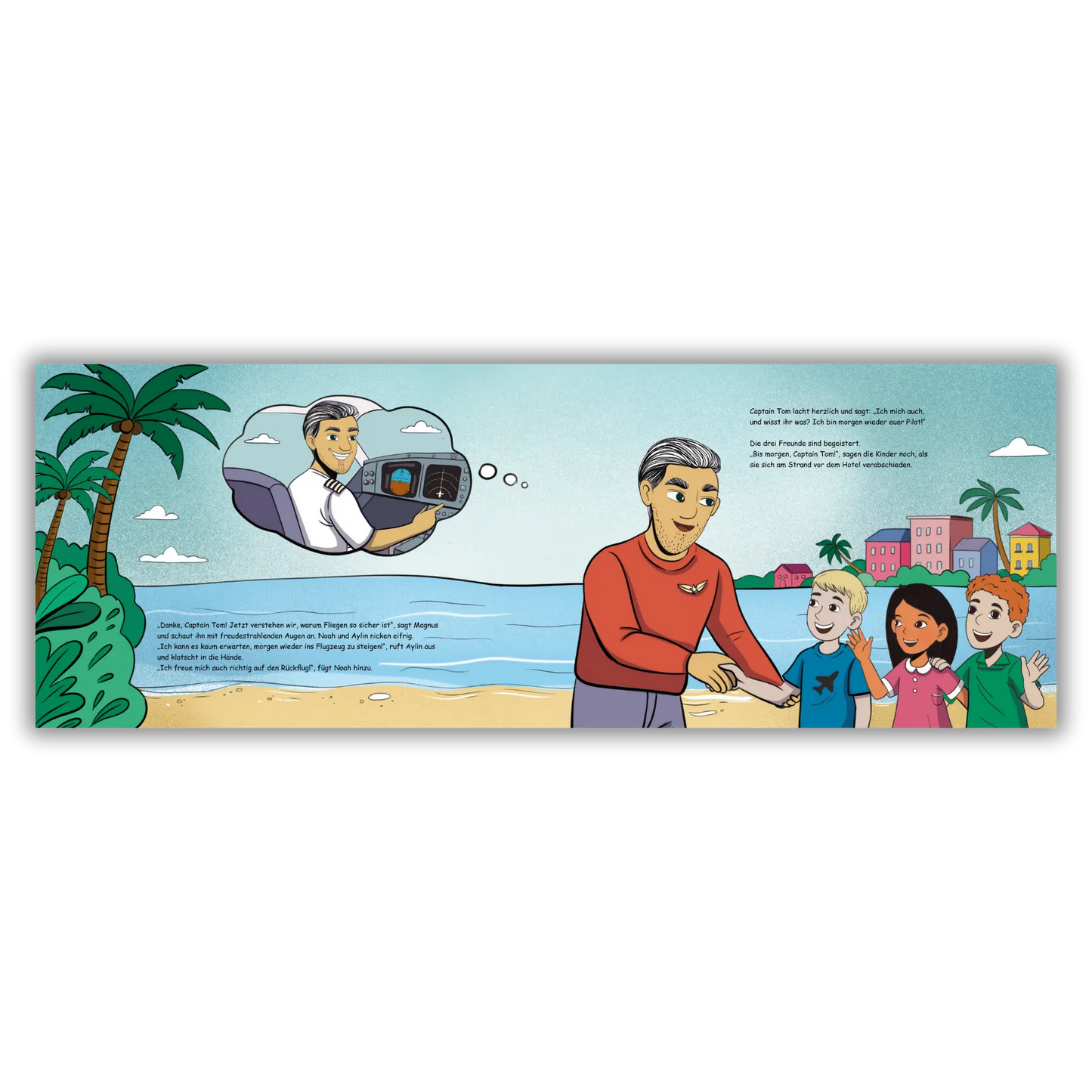 Doppelseite 13 aus dem Kinderbuch "Fliegen ist kinderleicht", ein Bilderbuch ab 5 Jahren über Fliegen, Flugangst und Erklärungen, wie Fliegen funktioniert von dem Piloten Tom Schneider und Zwergenstark