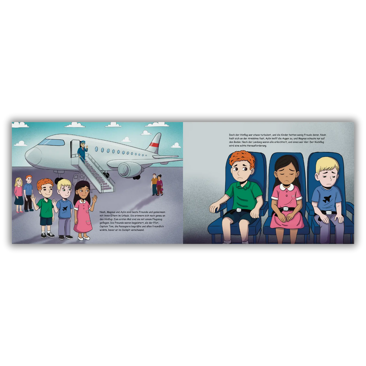 Doppelseite 1 aus dem Kinderbuch "Fliegen ist kinderleicht", ein Bilderbuch ab 5 Jahren über Fliegen, Flugangst und Erklärungen, wie Fliegen funktioniert von dem Piloten Tom Schneider und Zwergenstark