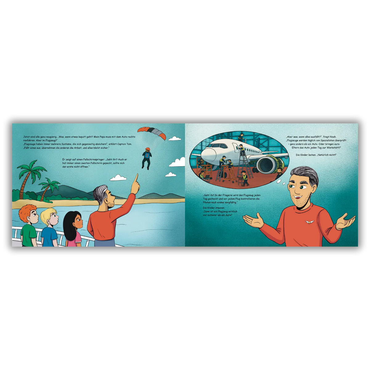 Doppelseite 5 aus dem Kinderbuch "Fliegen ist kinderleicht", ein Bilderbuch ab 5 Jahren über Fliegen, Flugangst und Erklärungen, wie Fliegen funktioniert von dem Piloten Tom Schneider und Zwergenstark