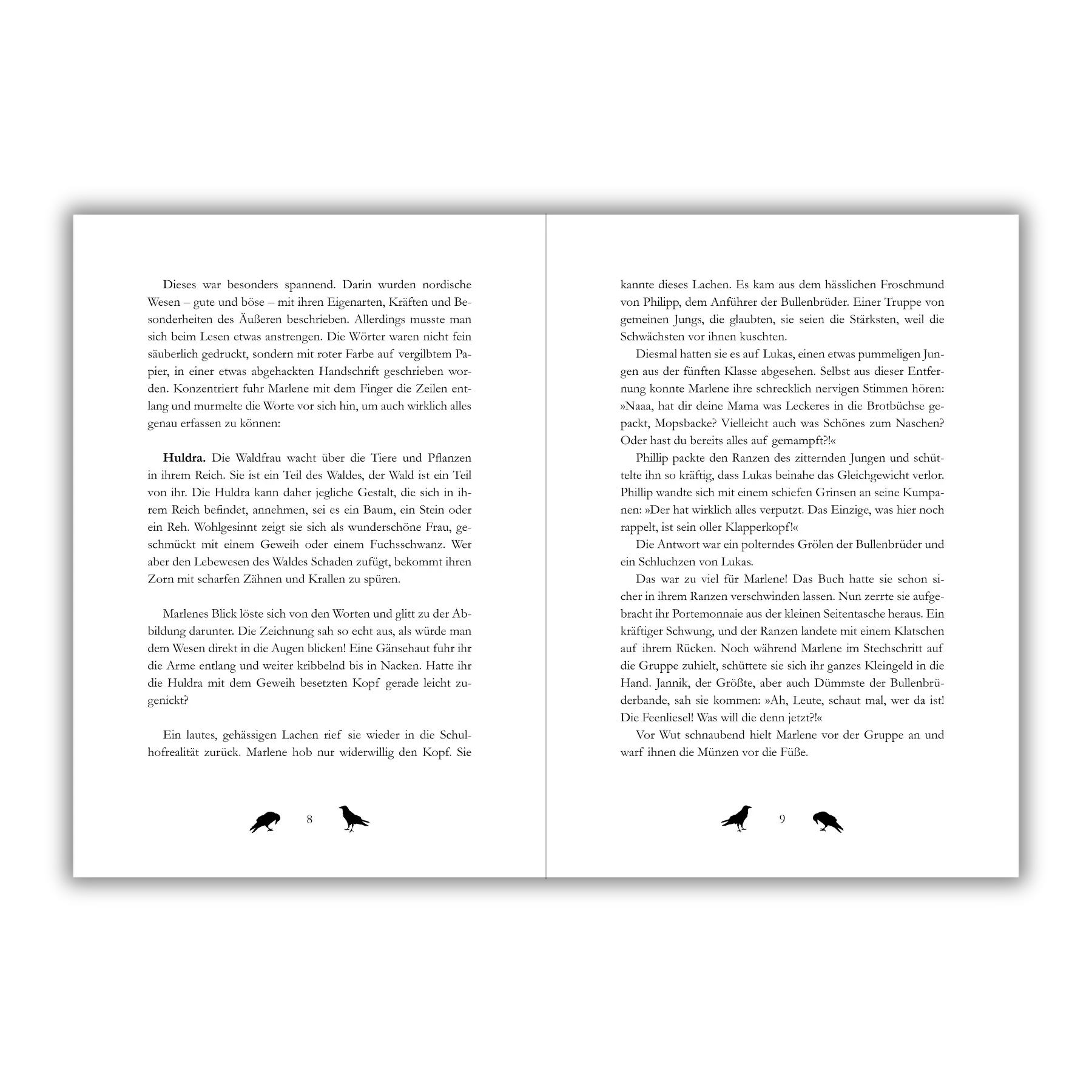 Inhaltsseiten 8 und 9 aus dem Kinderbuch "Marlene – Die Auserwählte des Zauberbuchs", ein Kinderroman ab 11 Jahren über ein Fantasy-Abenteuer mit Elfen und magischen Wesen von Anne-Katrin Paulke und Zwergenstark