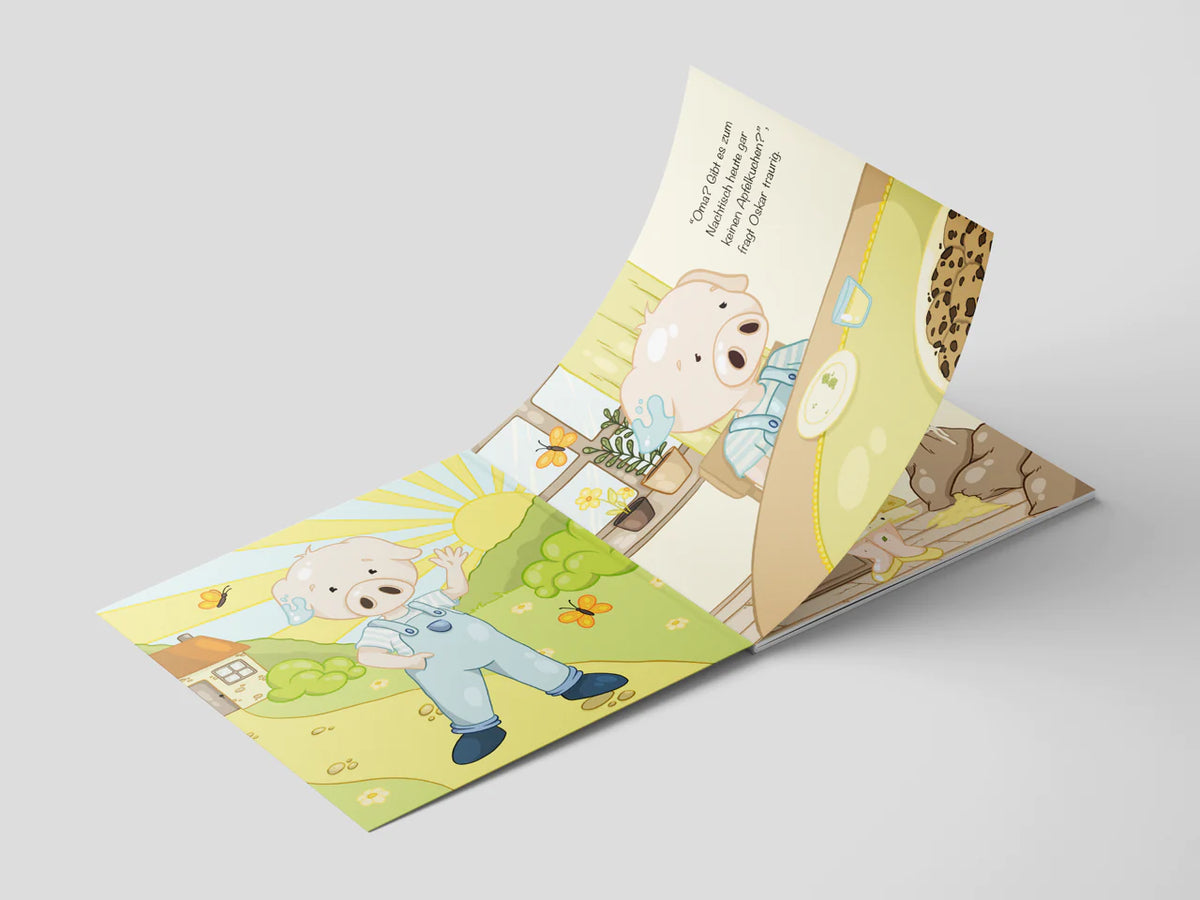 Inhaltsseite Mockup vom Mitmachbuch "Oskar und der Apfelbaum", ein Bilderbuch für Kinder ab 3 Jahren von Toni Grimm und Zwergenstark