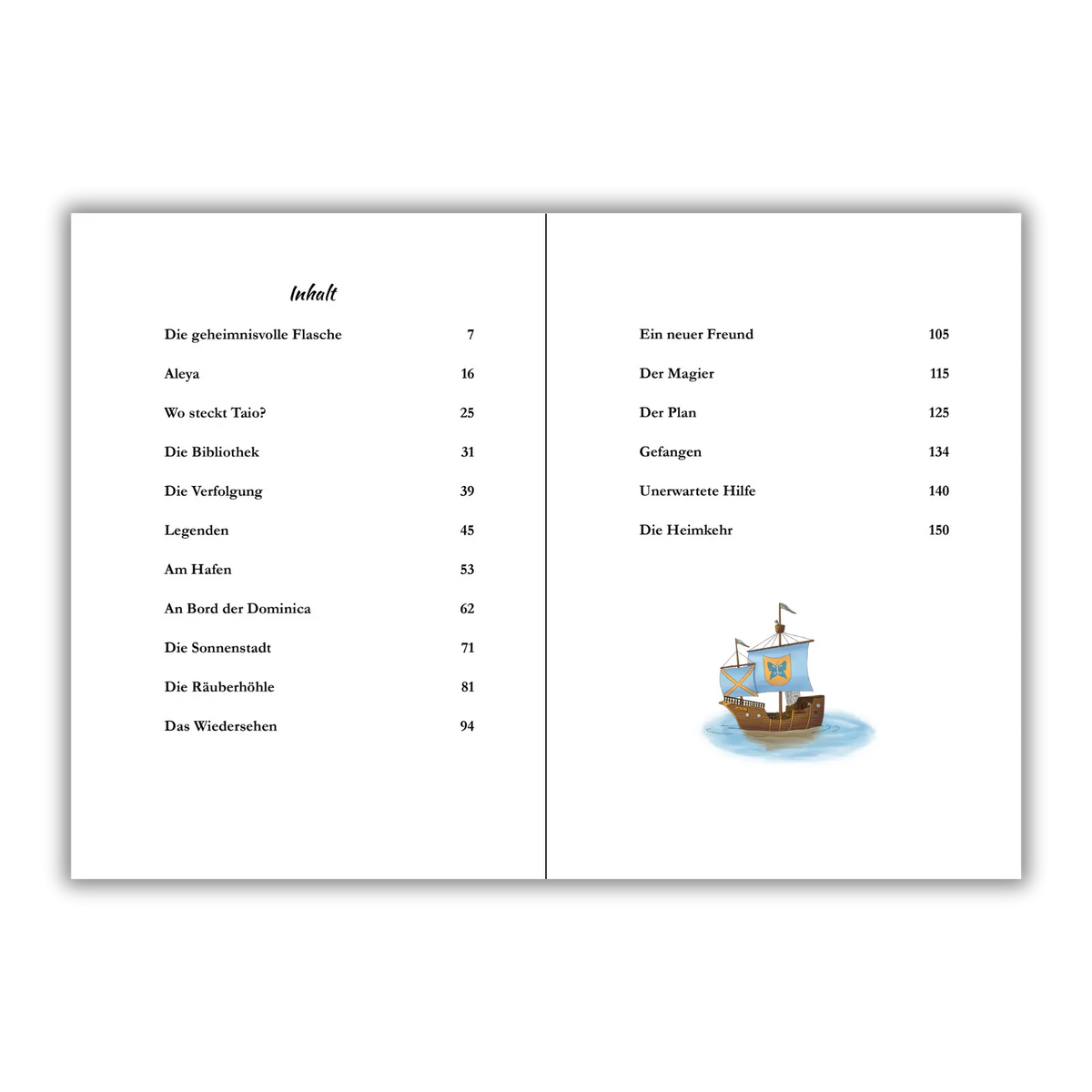 Inhaltsverzeichnis vom Kinderbuch "Der Fluch aus der Flasche", ein Kinderroman ab 8 Jahren von Mandy Schlesinger über Seefahrer, Zauberer und einen Fluch