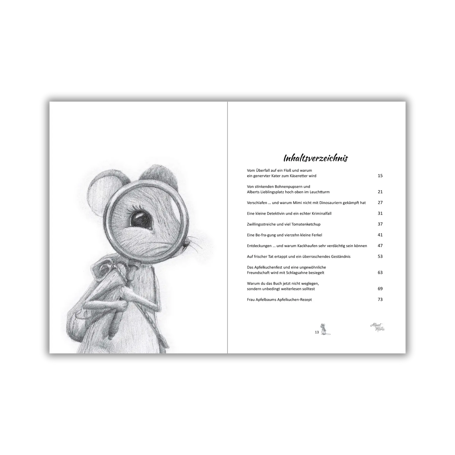 Inhaltsverzeichnis vom Kinderbuch "Albert und Mimi – Eine besondere Freundschaft und ein echter Kriminalfall", ein Bilderbuch zum Vorlesen ab 5 Jahren über ein tierisches Detektivabenteuer voller Freundschaft, Vielfalt und Zusammenhalt