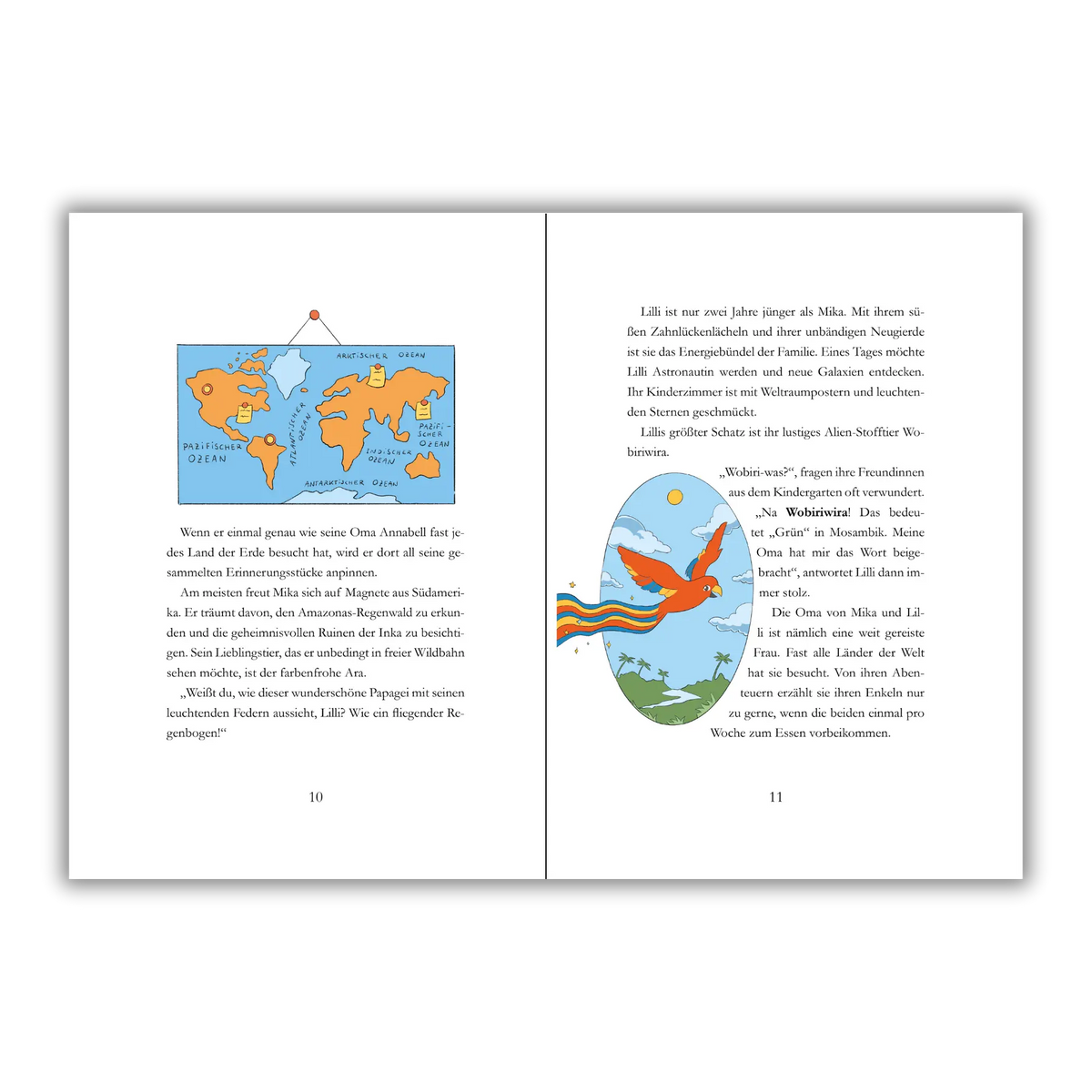 Seiten 10 und 11 vom Kinderbuch "Der magische Reisekoffer", ein Vorlesebuch ab 6 Jahren von Mella Lisitano über Reisen, Entdeckungen, Zusammenhalt und Mut