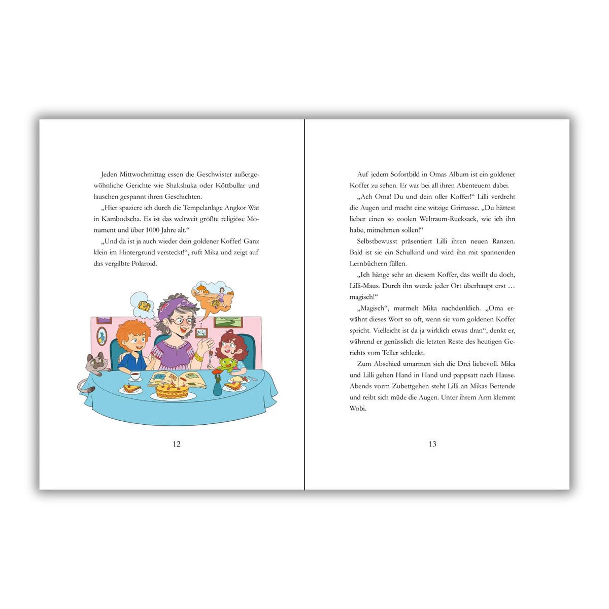Seiten 12 und 13 vom Kinderbuch "Der magische Reisekoffer", ein Vorlesebuch ab 6 Jahren von Mella Lisitano über Reisen, Entdeckungen, Zusammenhalt und Mut