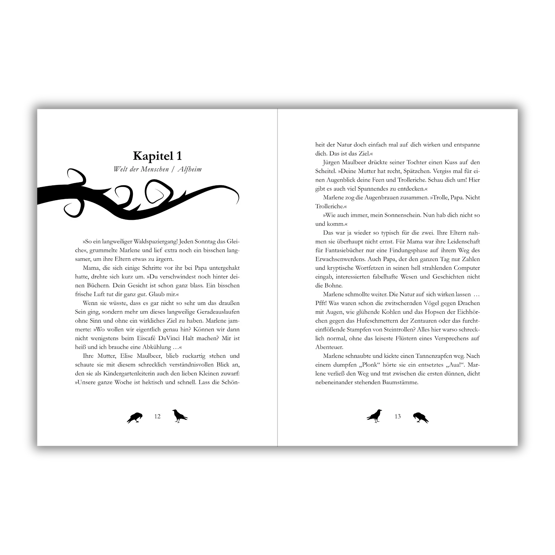 Inhaltsseiten 12 und 13 aus dem Kinderbuch "Marlene – Die Auserwählte des Zauberbuchs", ein Kinderroman ab 11 Jahren über ein Fantasy-Abenteuer mit Elfen und magischen Wesen von Anne-Katrin Paulke und Zwergenstark