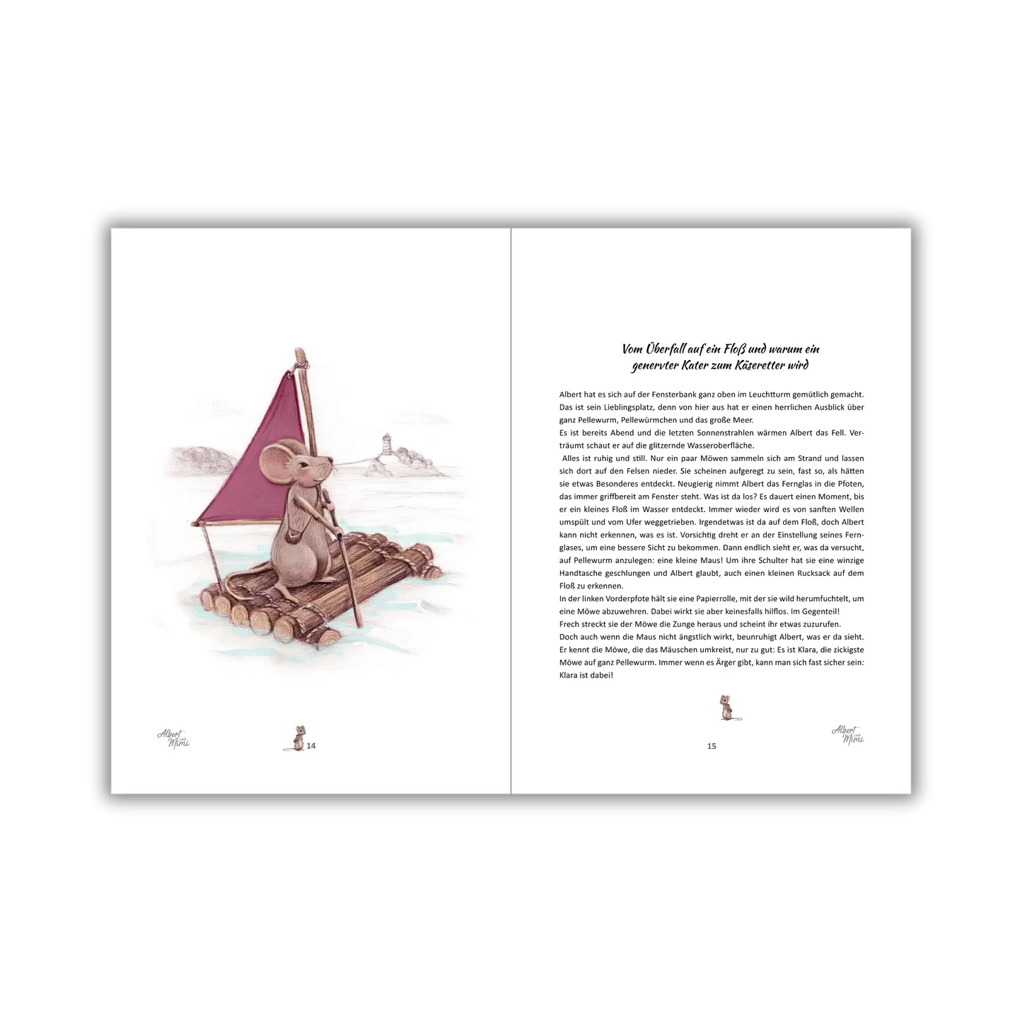 Inhaltsseiten 14 und 15 vom Kinderbuch "Albert und Mimi – Eine besondere Freundschaft und ein echter Kriminalfall", ein Bilderbuch zum Vorlesen ab 5 Jahren über ein tierisches Detektivabenteuer voller Freundschaft, Vielfalt und Zusammenhalt