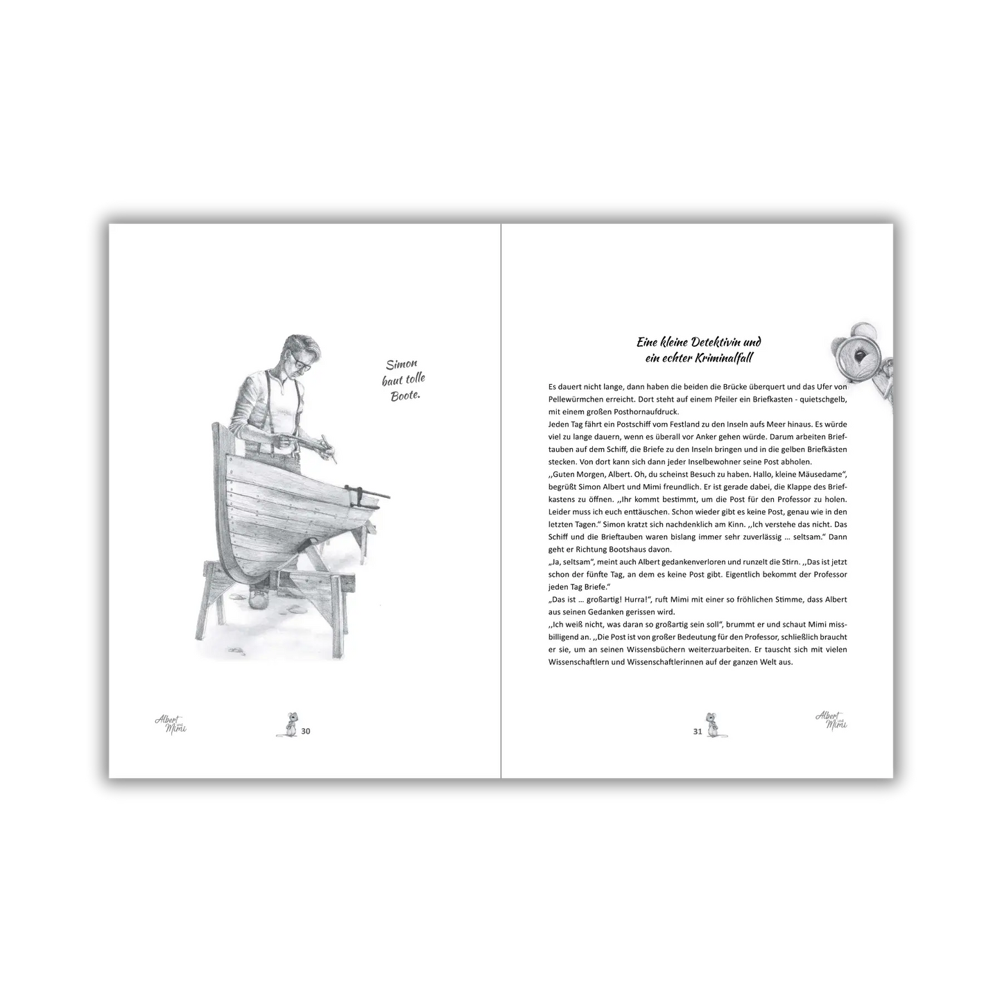 Inhaltsseiten 30 und 31 vom Kinderbuch "Albert und Mimi – Eine besondere Freundschaft und ein echter Kriminalfall", ein Bilderbuch zum Vorlesen ab 5 Jahren über ein tierisches Detektivabenteuer voller Freundschaft, Vielfalt und Zusammenhalt