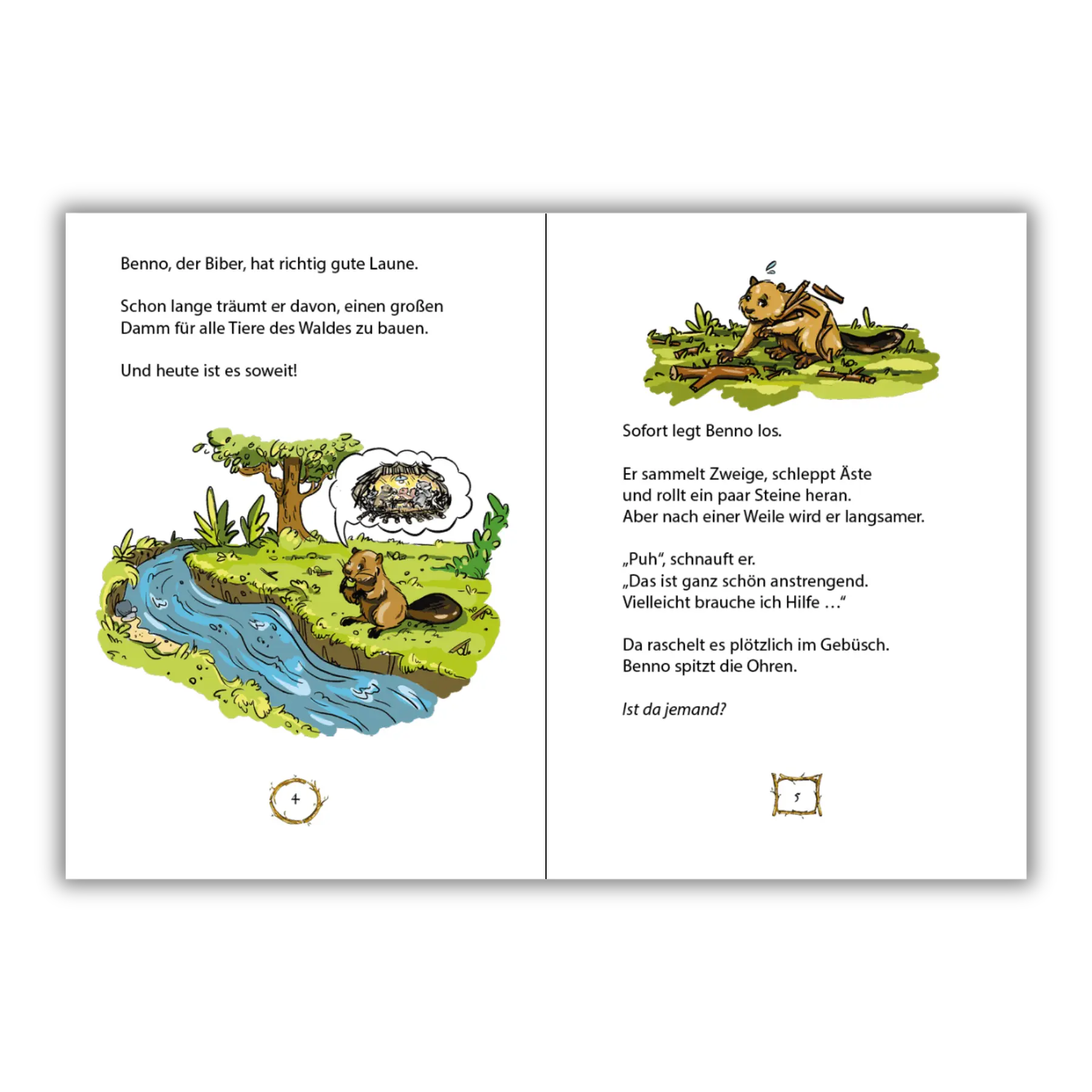 Inhaltsseiten 4 und 5 aus dem Kinderbuch "Bennos Baubande – Biberstarke Freunde", ein Bilderbuch ab 3 Jahren über Natur, Tiere, Freundschaft und Zusammenhalt von Mella Lisitano und Zwergenstark