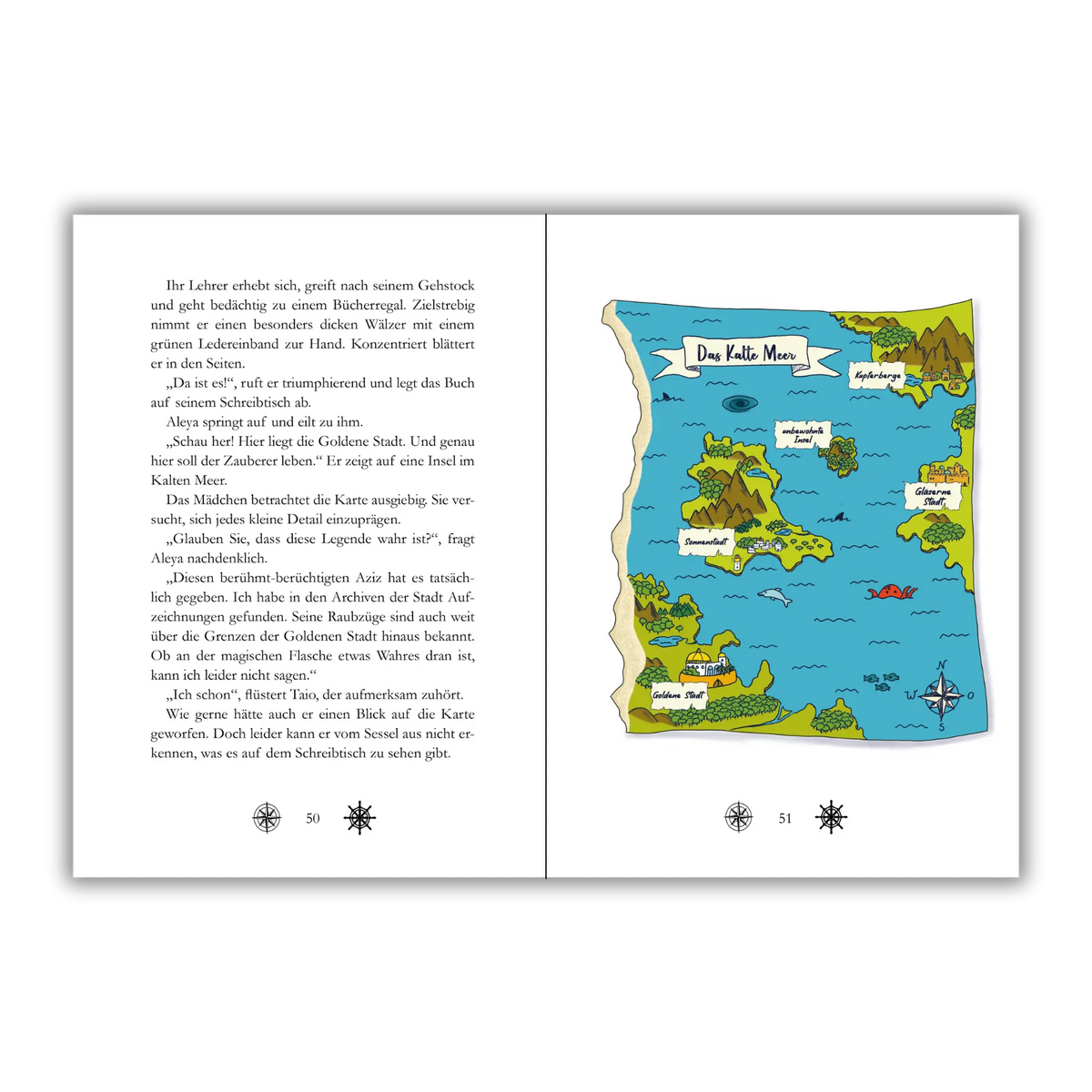 Seiten 50 und 51 vom Kinderbuch "Der Fluch aus der Flasche", ein Kinderroman ab 8 Jahren von Mandy Schlesinger über Seefahrer, Zauberer und einen Fluch