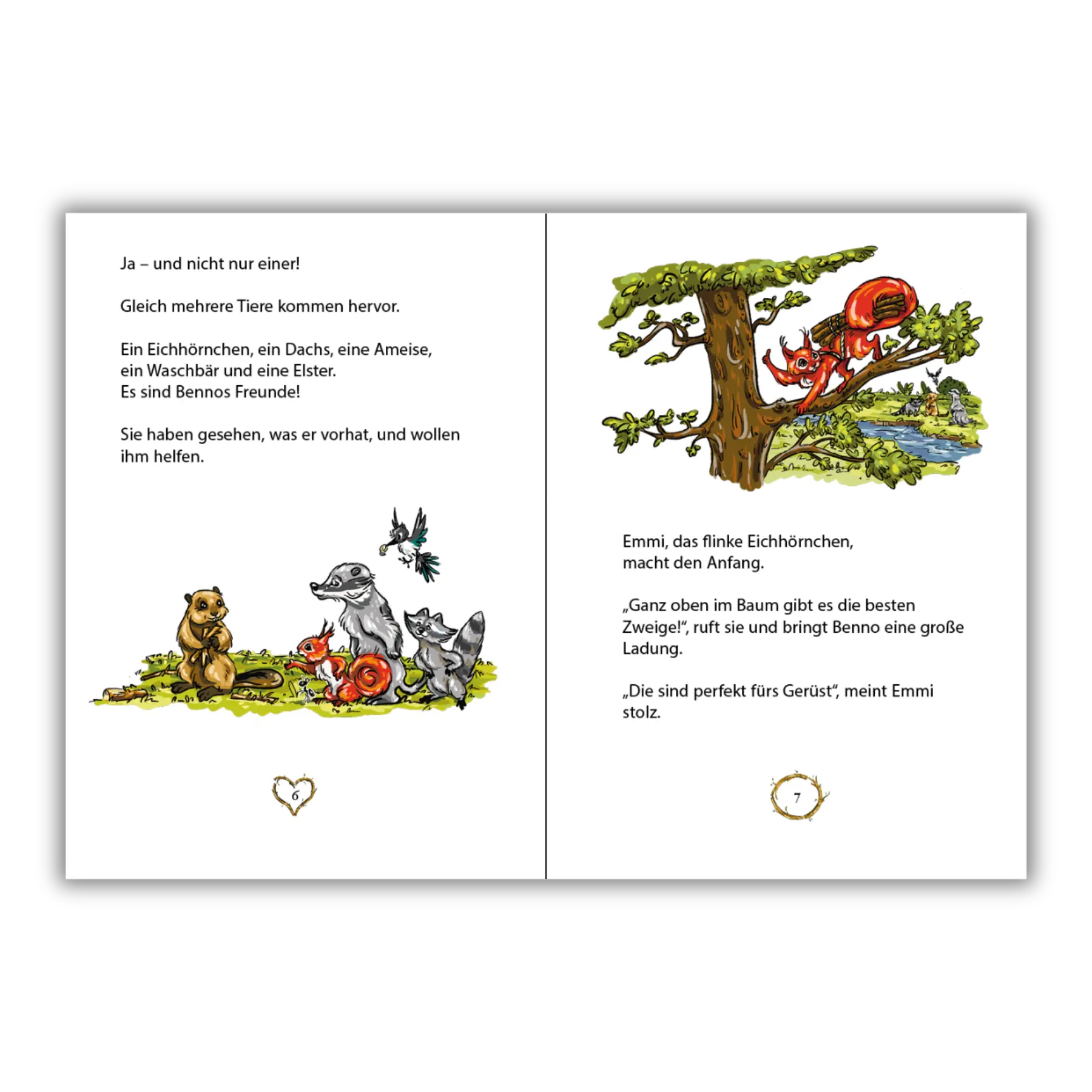 Inhaltsseiten 6 und 7 aus dem Kinderbuch "Bennos Baubande – Biberstarke Freunde", ein Bilderbuch ab 3 Jahren über Natur, Tiere, Freundschaft und Zusammenhalt von Mella Lisitano und Zwergenstark