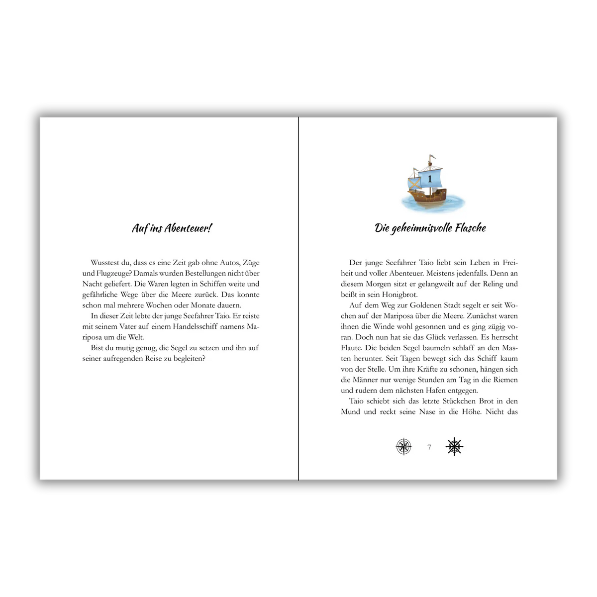 Seiten 6 und 7 vom Kinderbuch "Der Fluch aus der Flasche", ein Kinderroman ab 8 Jahren von Mandy Schlesinger über Seefahrer, Zauberer und einen Fluch