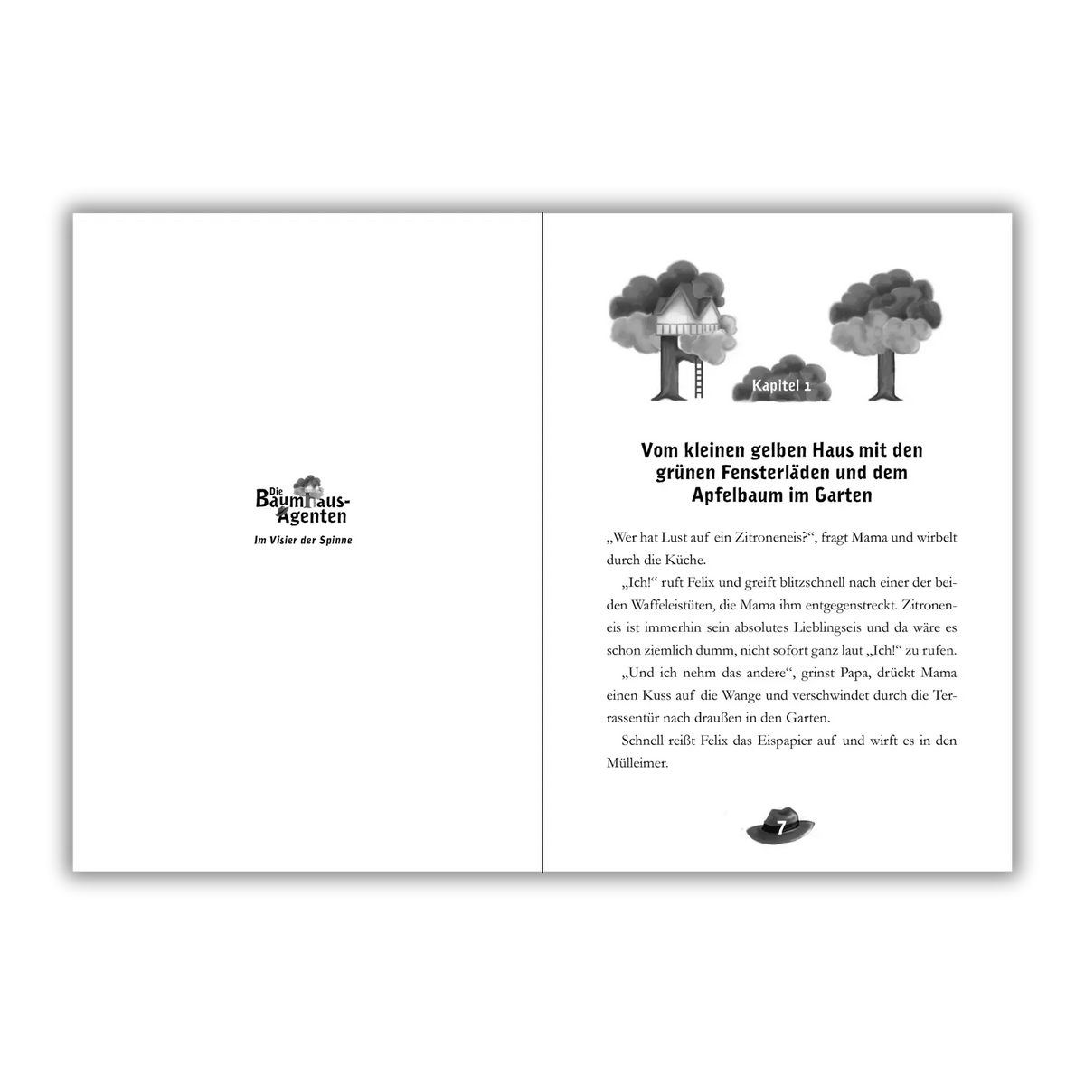 Seiten 6 und 7 vom Kinderbuch "Die Baumhaus-Agenten: Im Visier der Spinne", ein Kinderroman ab 8 Jahren von Anna Trenkwald über Freundschaft, Mut und Abenteuer