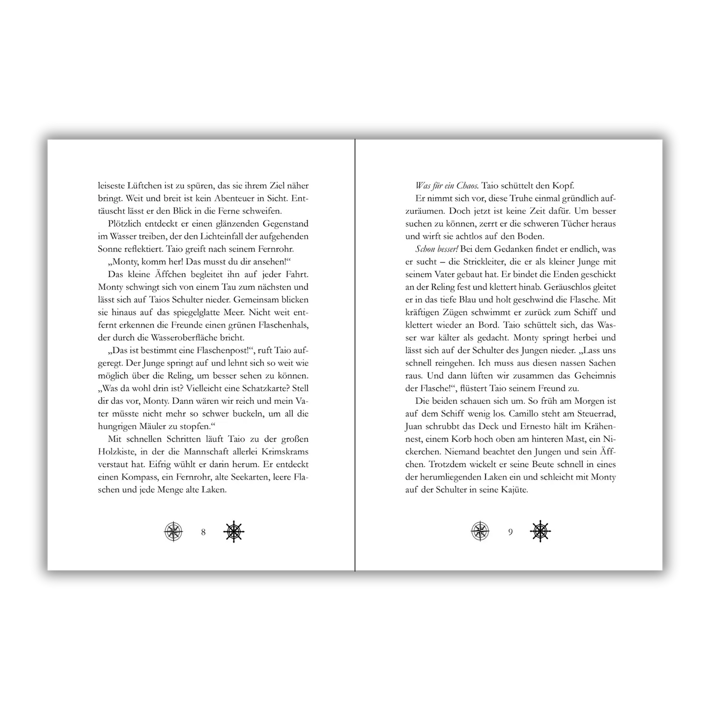 Seiten 8 und 9 vom Kinderbuch "Der Fluch aus der Flasche", ein Kinderroman ab 8 Jahren von Mandy Schlesinger über Seefahrer, Zauberer und einen Fluch