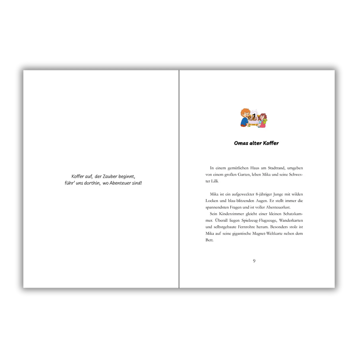 Seiten 8 und 9 vom Kinderbuch "Der magische Reisekoffer", ein Vorlesebuch ab 6 Jahren von Mella Lisitano über Reisen, Entdeckungen, Zusammenhalt und Mut