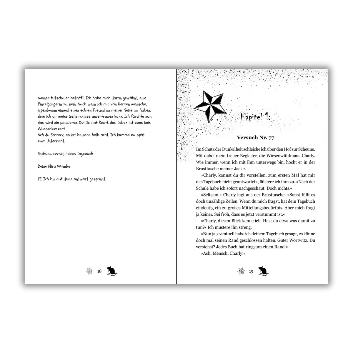 Seiten 18 und 19 vom Kinderbuch "Mira Wonder: Im Schatten der verbotenen Magie", ein Kinderroman ab 8 Jahren von Nicola Nüchter über Zauberei, Abenteuer, Freundschaft & Mut