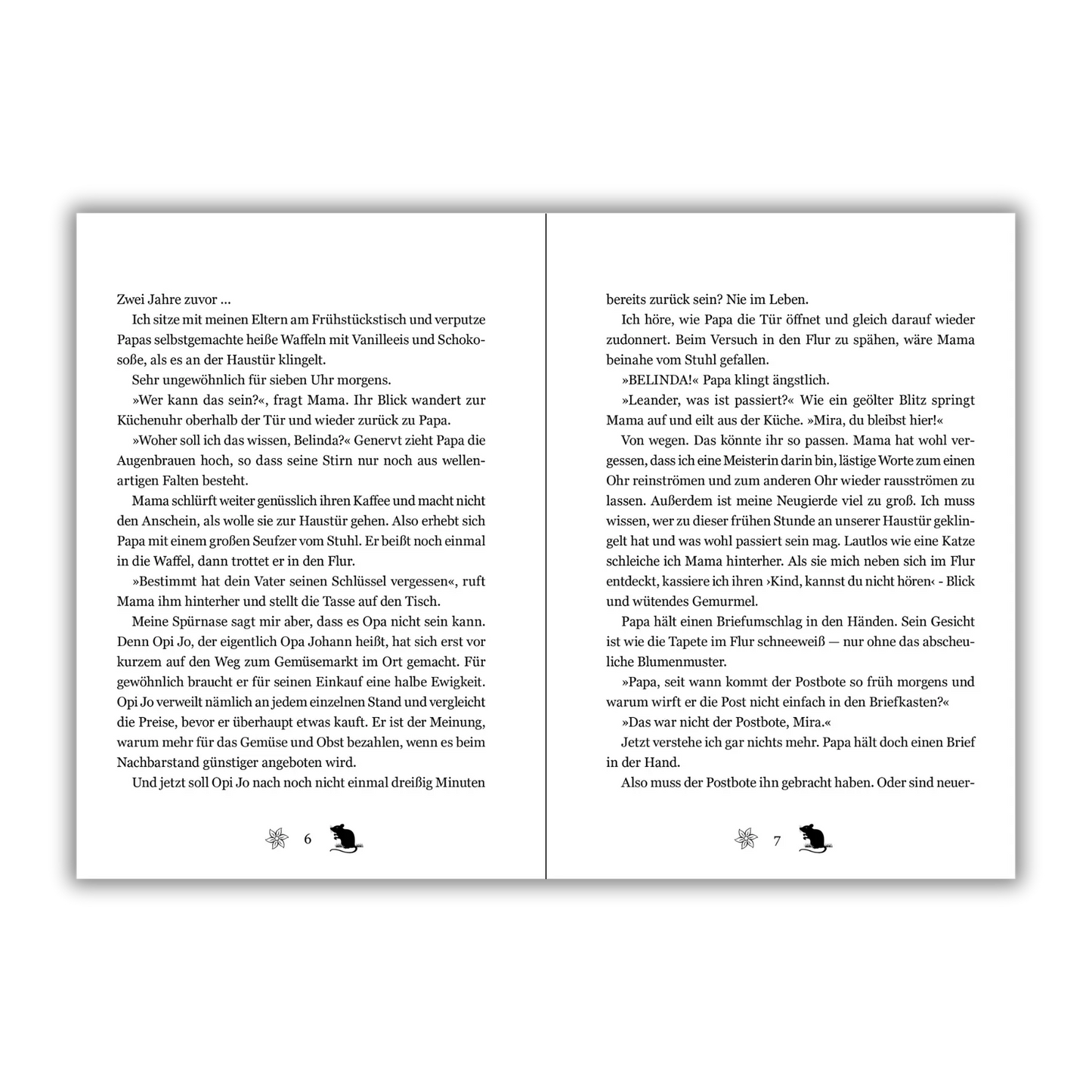 Seiten 6 und 7 vom Kinderbuch "Mira Wonder: Im Schatten der verbotenen Magie", ein Kinderroman ab 8 Jahren von Nicola Nüchter über Zauberei, Abenteuer, Freundschaft & Mut